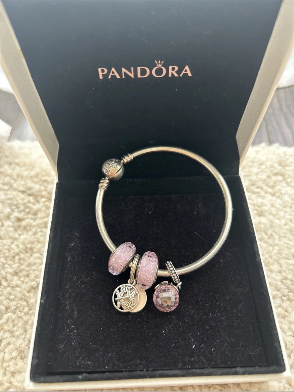 Authentic PANDORA Bracelet Set Pink Murano Glass Dragonfly BOX NOT INCLUDED